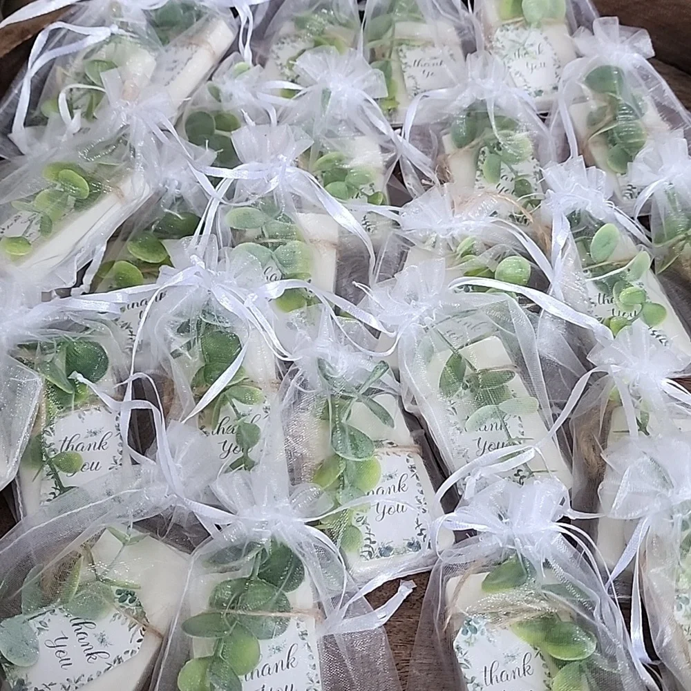 28 Favors Elegant White Organza Gift Bags With Bars Of Soap, Fake Green, Thank Y